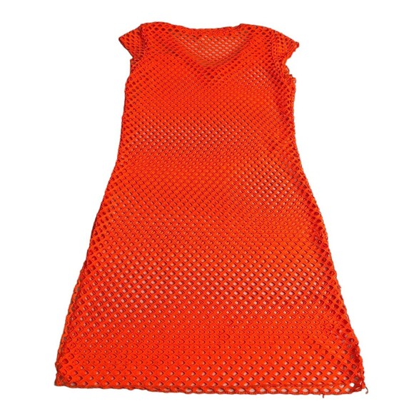 Emme Jordan Top Womens M Orange Mesh Fishnet Mini Dress Swim Cover Y2K Rave - Picture 5 of 8